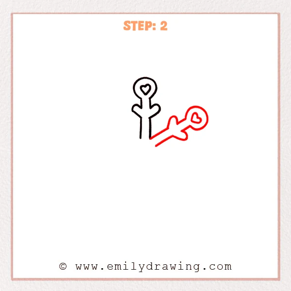 how to draw a cartoon snowflake - A cute cartoon snowflake now has a second arm angled down-right, ending in a circle with a heart and small side branches.